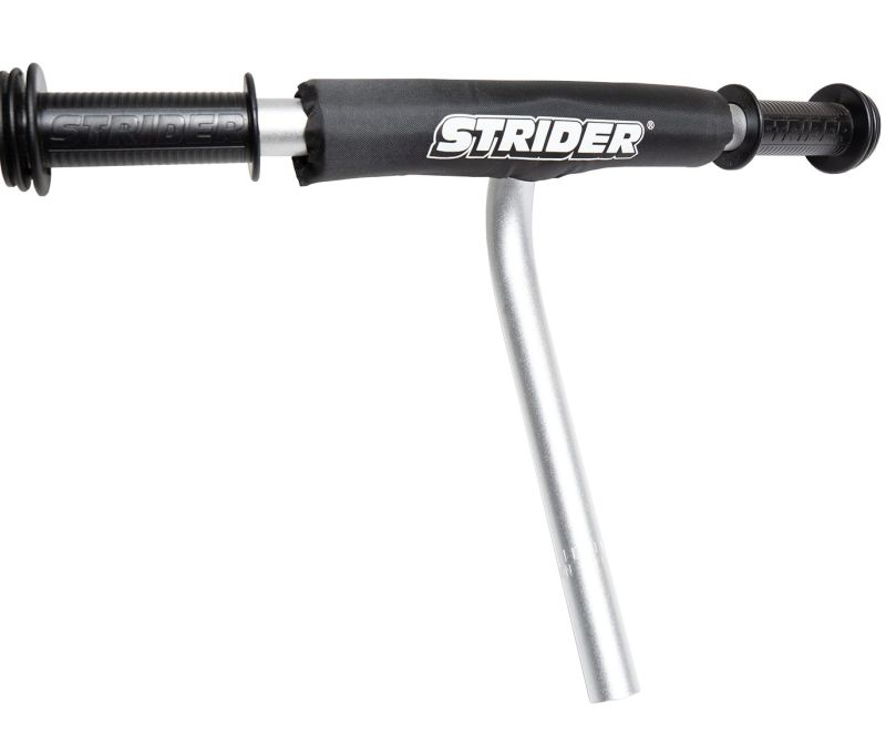 Silver Pro XL handle bar with black grips and Strider branded pad.