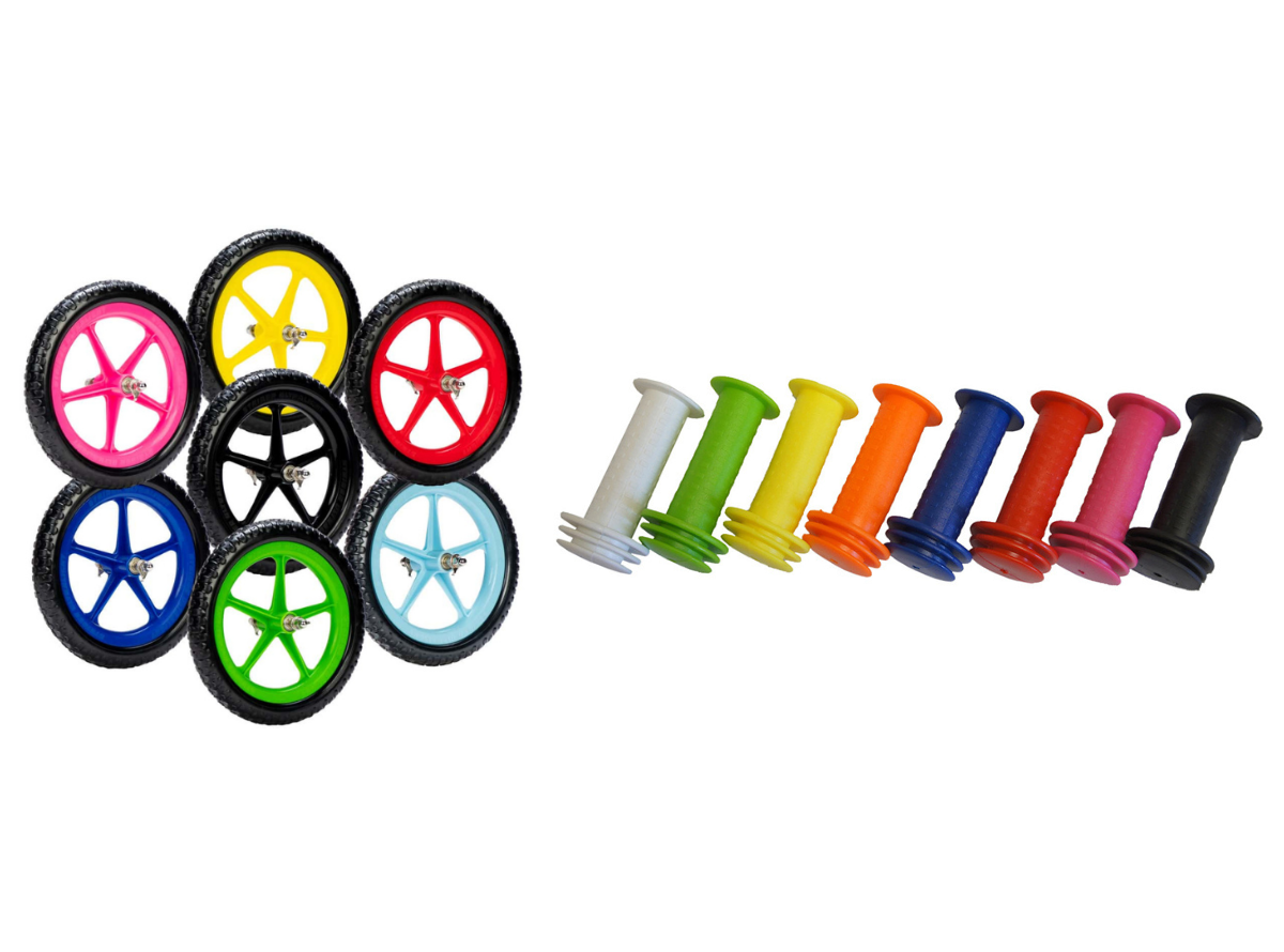 Strider Ultralight Wheels shown on the left in a circle to display 7 exciting colors: Pink, Yellow, Red, Light Blue, Blue, Green, and Black. Strider Sport/Pro Grips shown on the right in a line to showcase the variety of available colors: White, green, yellow, orange, blue, red, pink, and black.