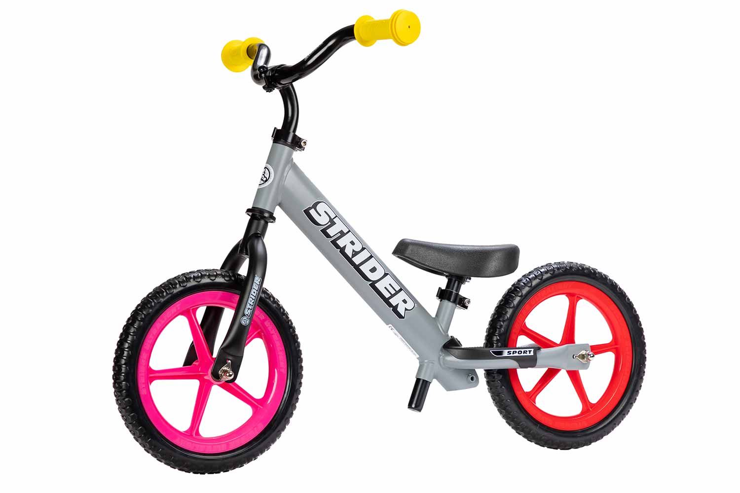 Color Run Strider Custom Build featuring Matte Gray Strider 12 Sport Balance Bike and colored Strider accessories