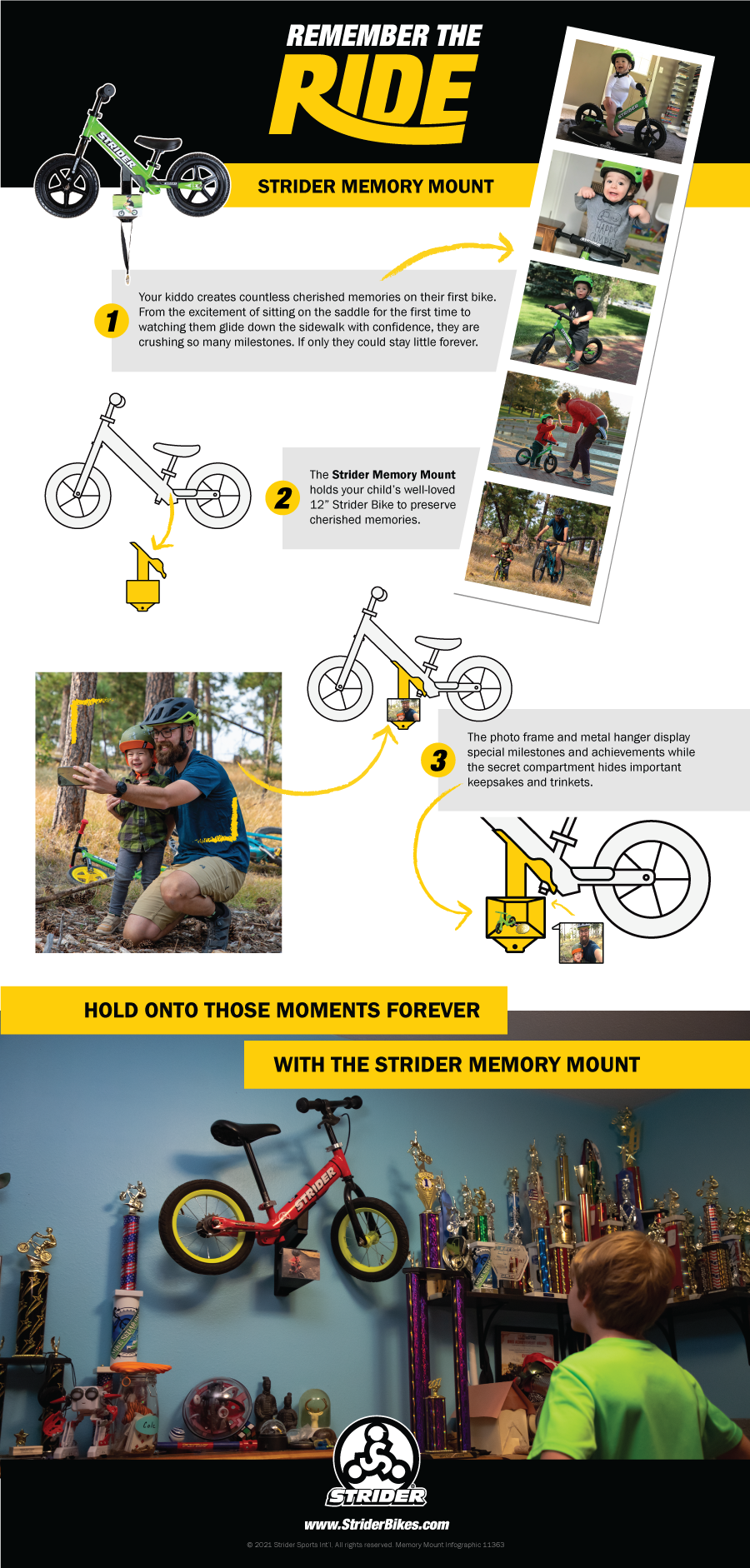 Infographic describing how the Memory Mount helps preserve those precious memories from your child's 12 inch Strider Bike