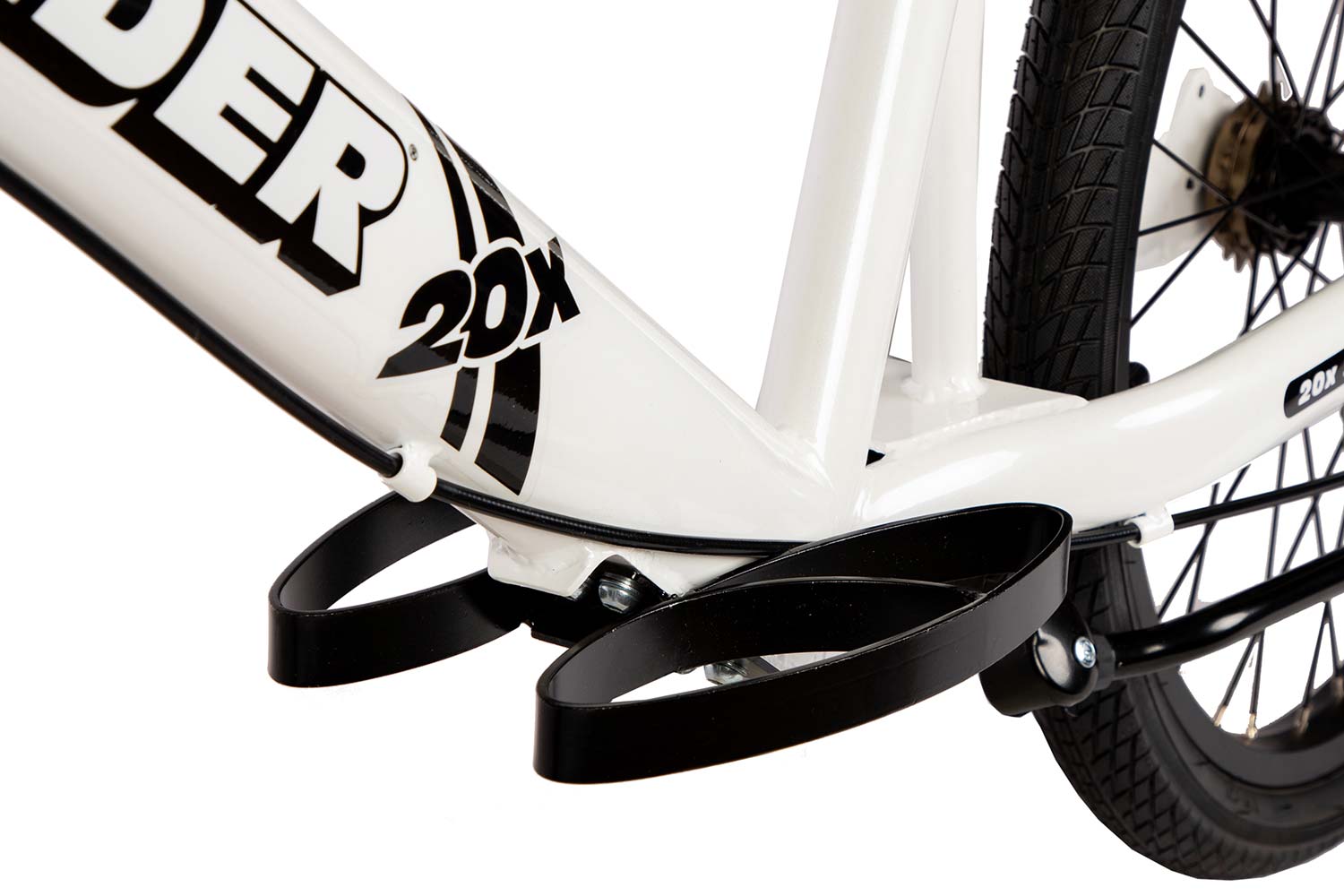 A studio detail of the footrests on the Strider 20x Sport, a 20" all-in-one balance and pedal bike