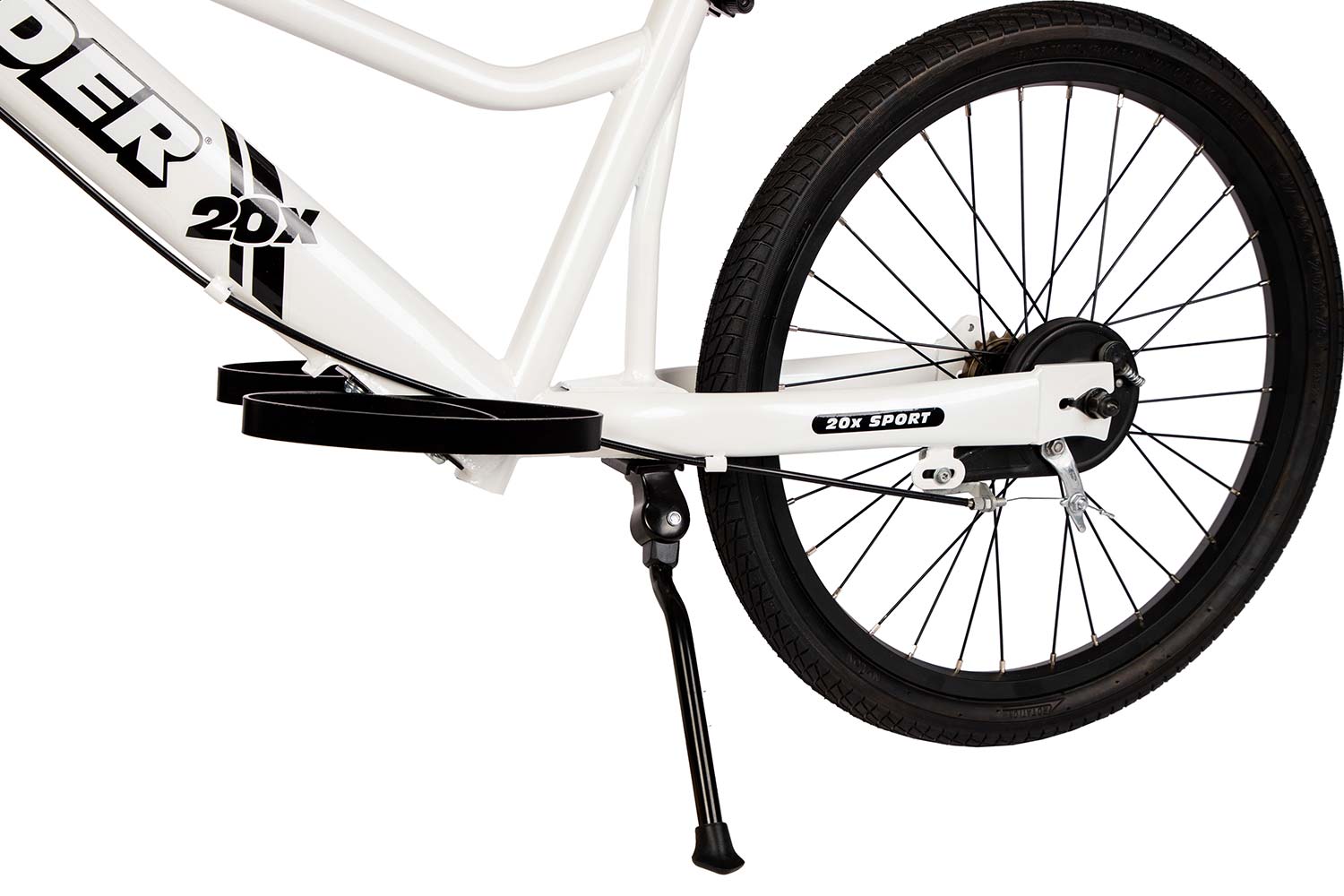A studio detail of the built-in kickstand on the Strider 20x Sport, a 20" all-in-one balance and pedal bike