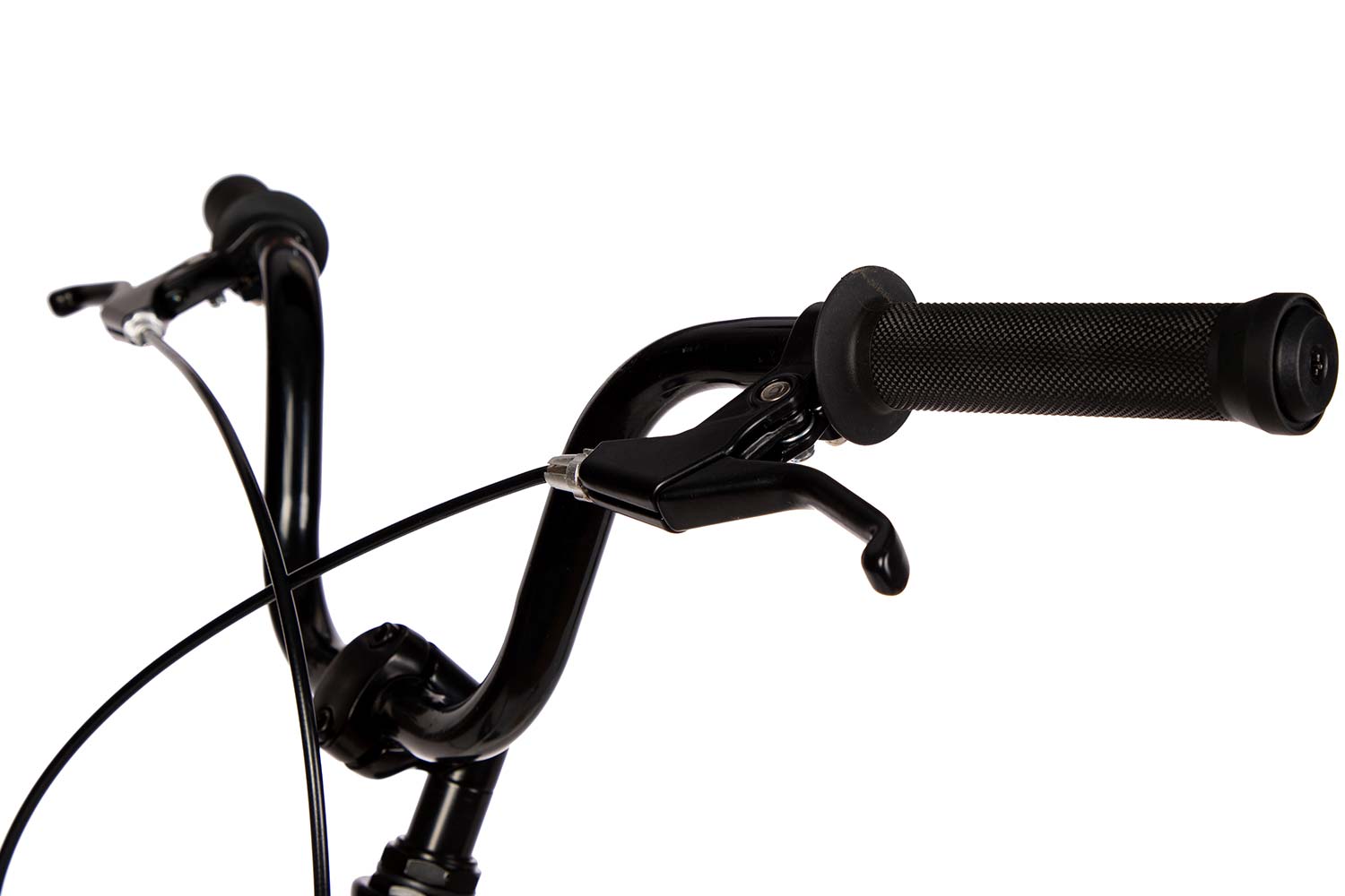 A studio detail of the handlebar and dual handbrakes on the Strider 20x Sport, a 20" all-in-one balance and pedal bike