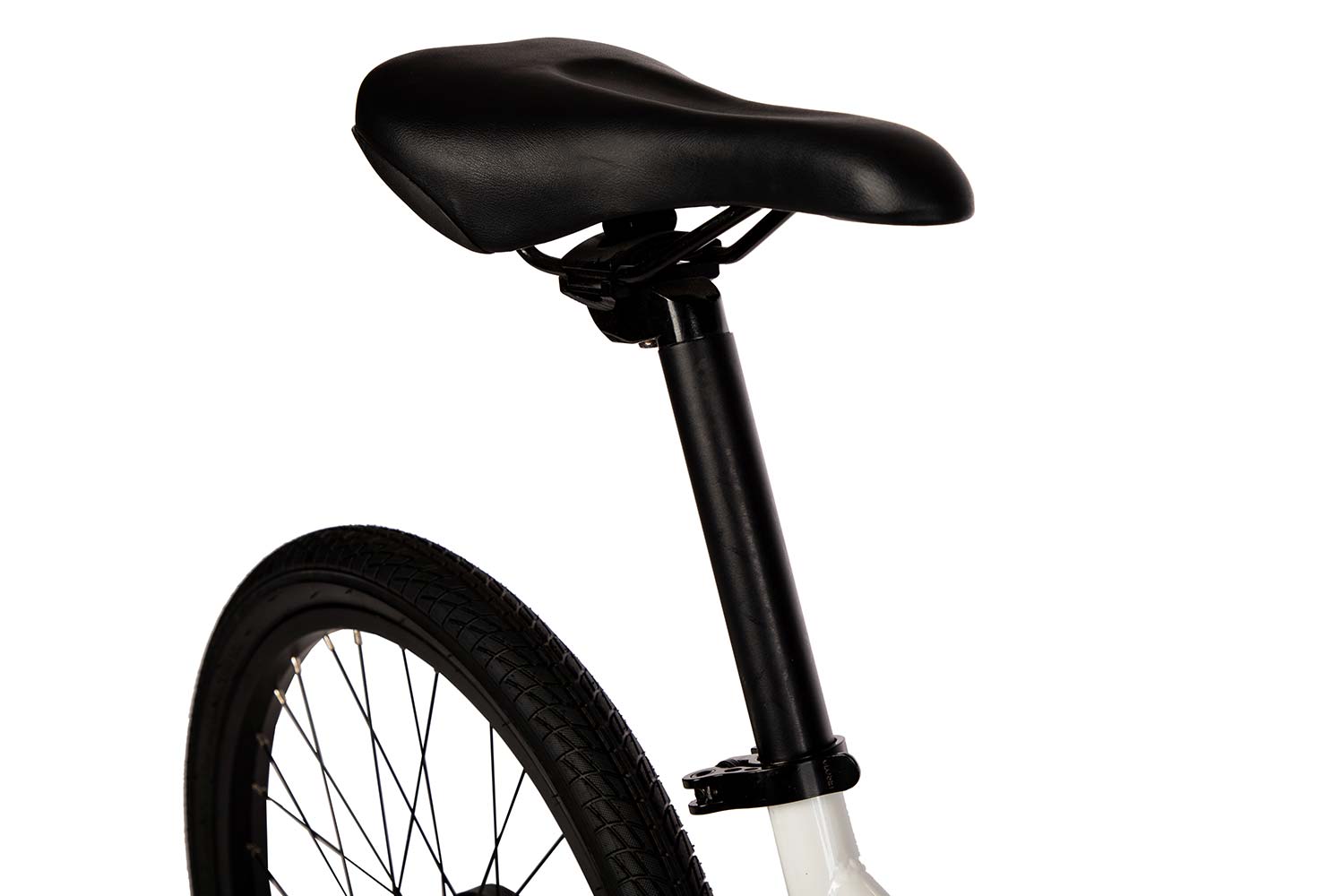 A studio detail of the saddle and adjustable seatpost on the Strider 20x Sport, a 20" all-in-one balance and pedal bike